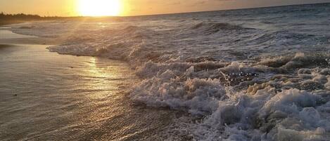 Vlak bij het strand, ligstoelen, strandlakens
