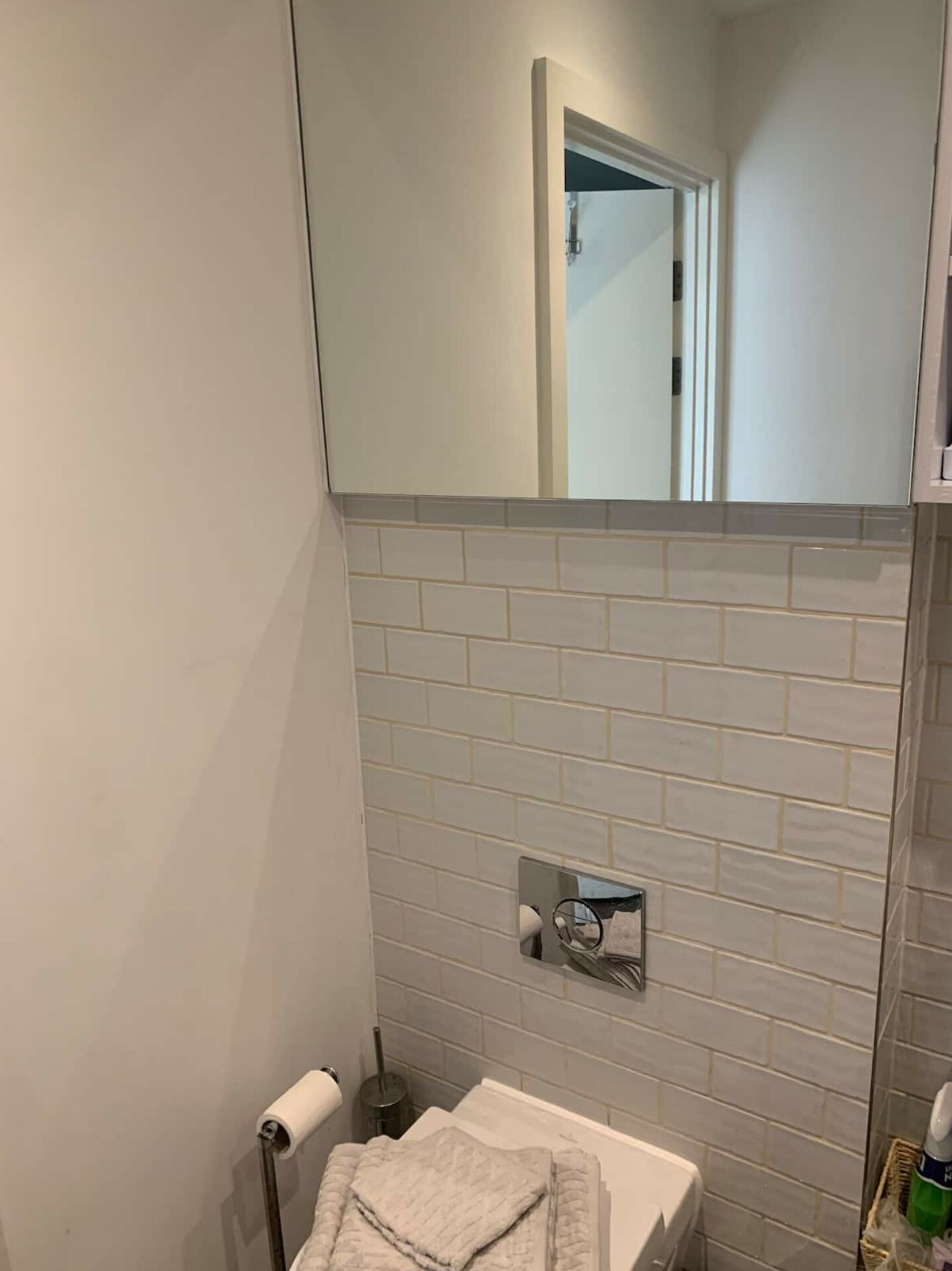 Ein Badezimmer mit Toilette, Handtuchhalter und Spiegel über dem Waschbecken.