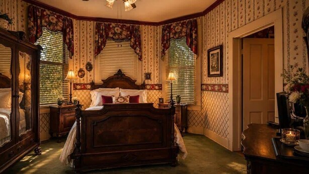 Ein traditionell eingerichtetes Schlafzimmer mit Himmelbett, einem Holzschrank und einem Spiegel.