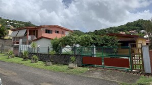 Zona residencial amb cases, una tanca verda i un cel serè.