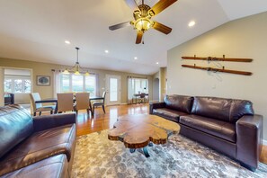 TV, fireplace, books