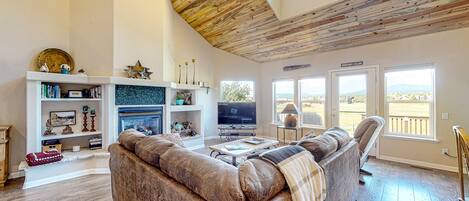 Fernseher, Kamin, Bücher, Arbeitsbereiche