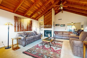 TV, fireplace, DVD player, books