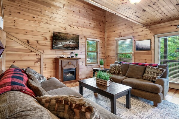 Smart TV, fireplace, foosball