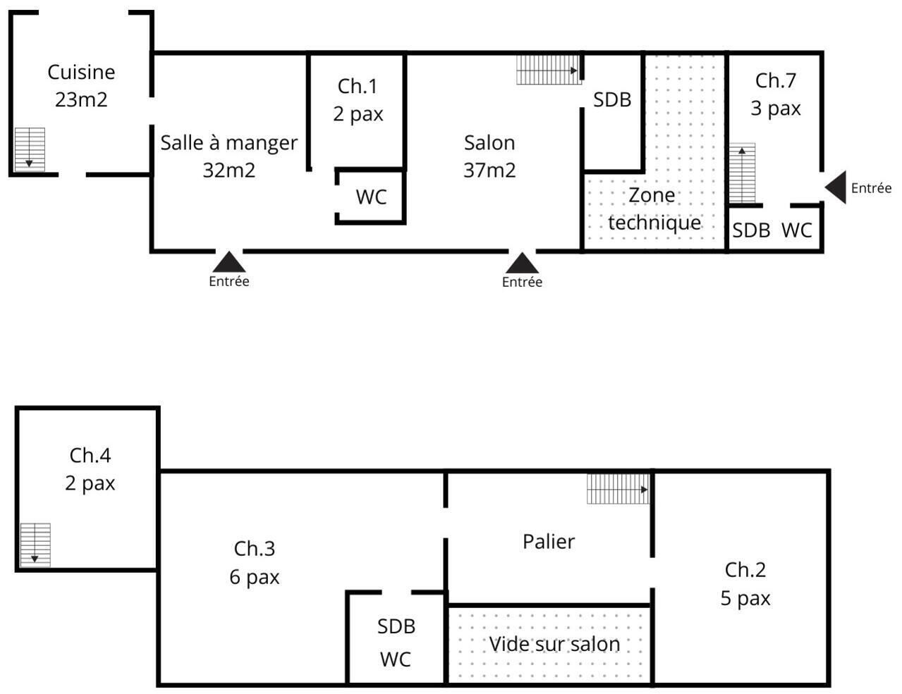 Ein Hotelgrundriss mit mehreren Zimmern, einem Essbereich und einem Technikbereich.