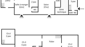 Ein Hotelgrundriss mit mehreren Zimmern, einem Essbereich und einem Technikbereich.