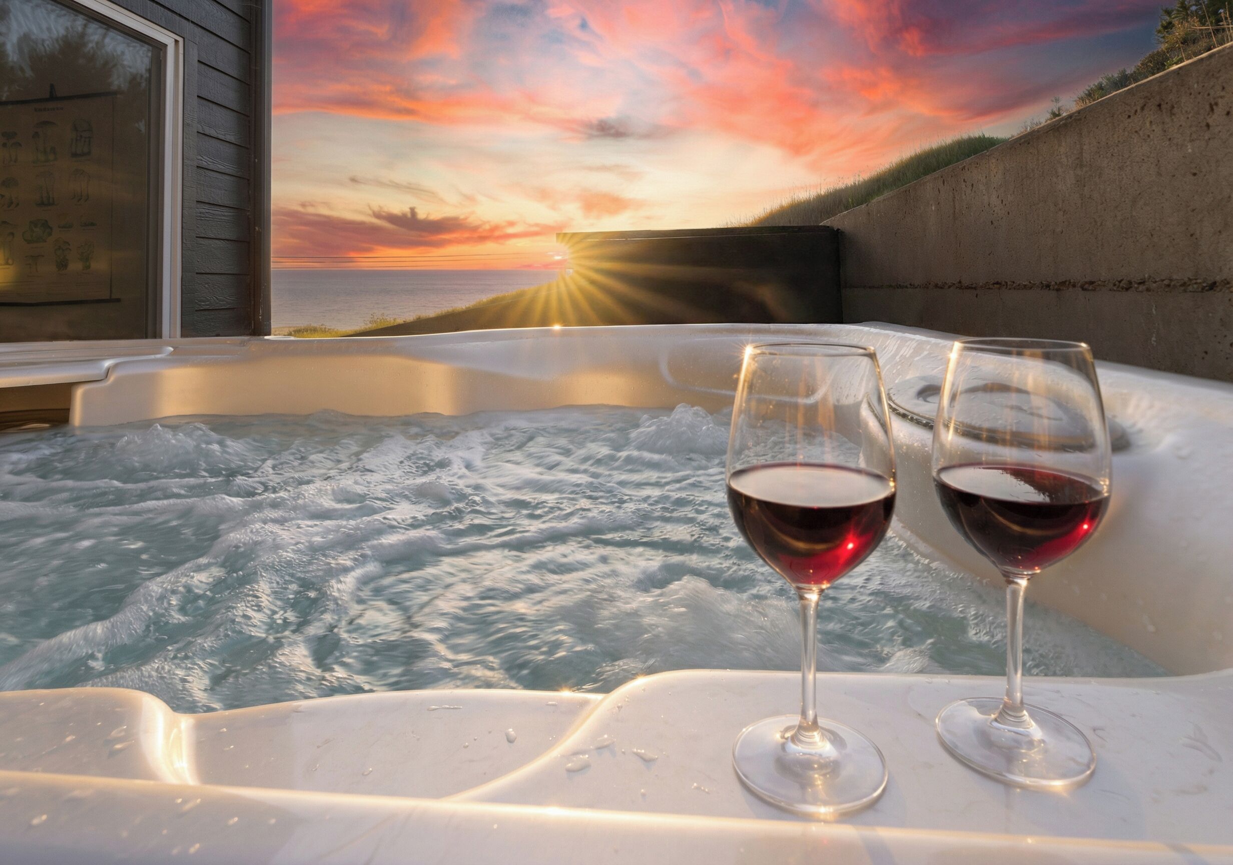 Ocean and sunset views from the hot tub