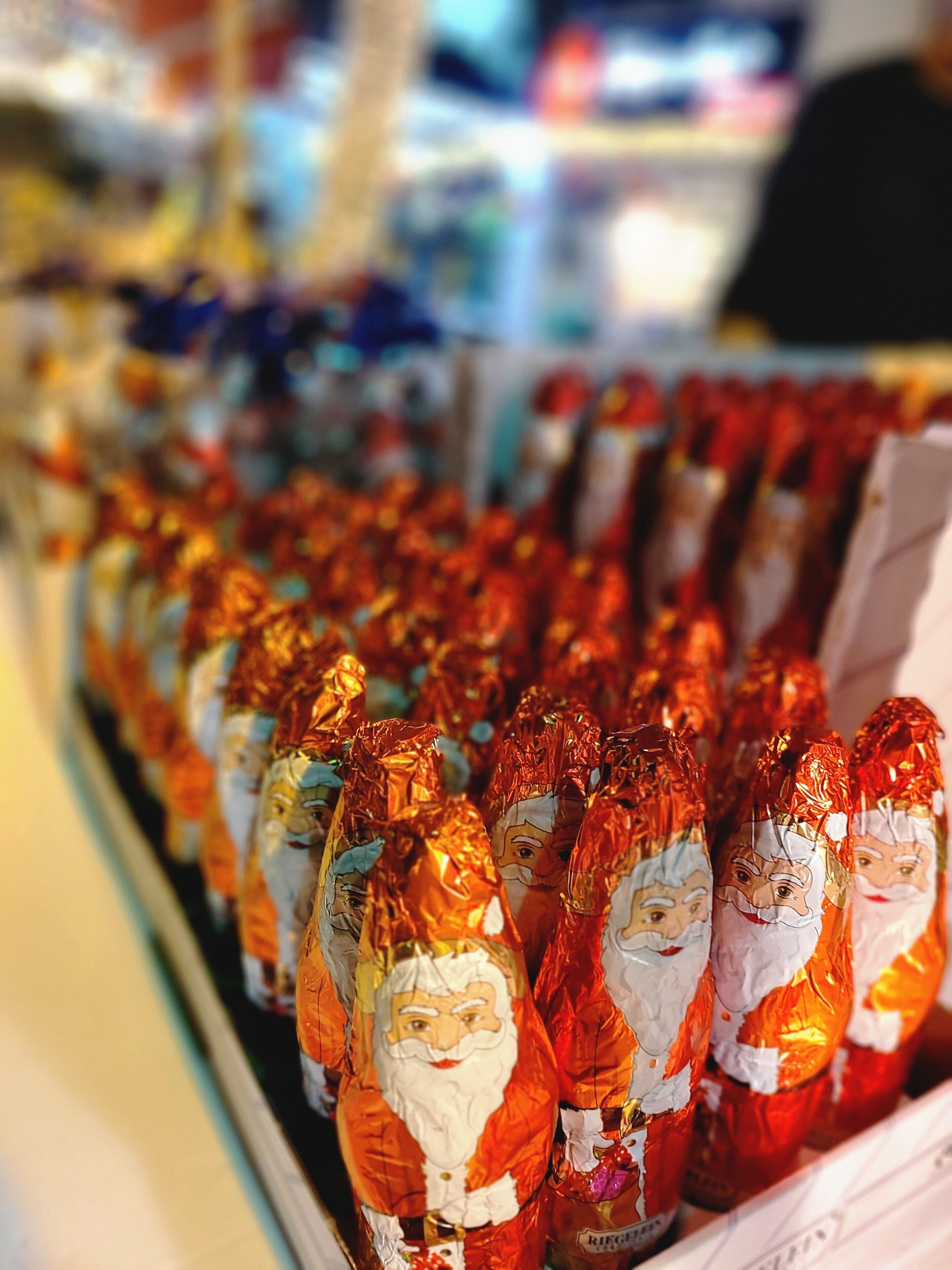 A display of chocolate-covered figures in a store.