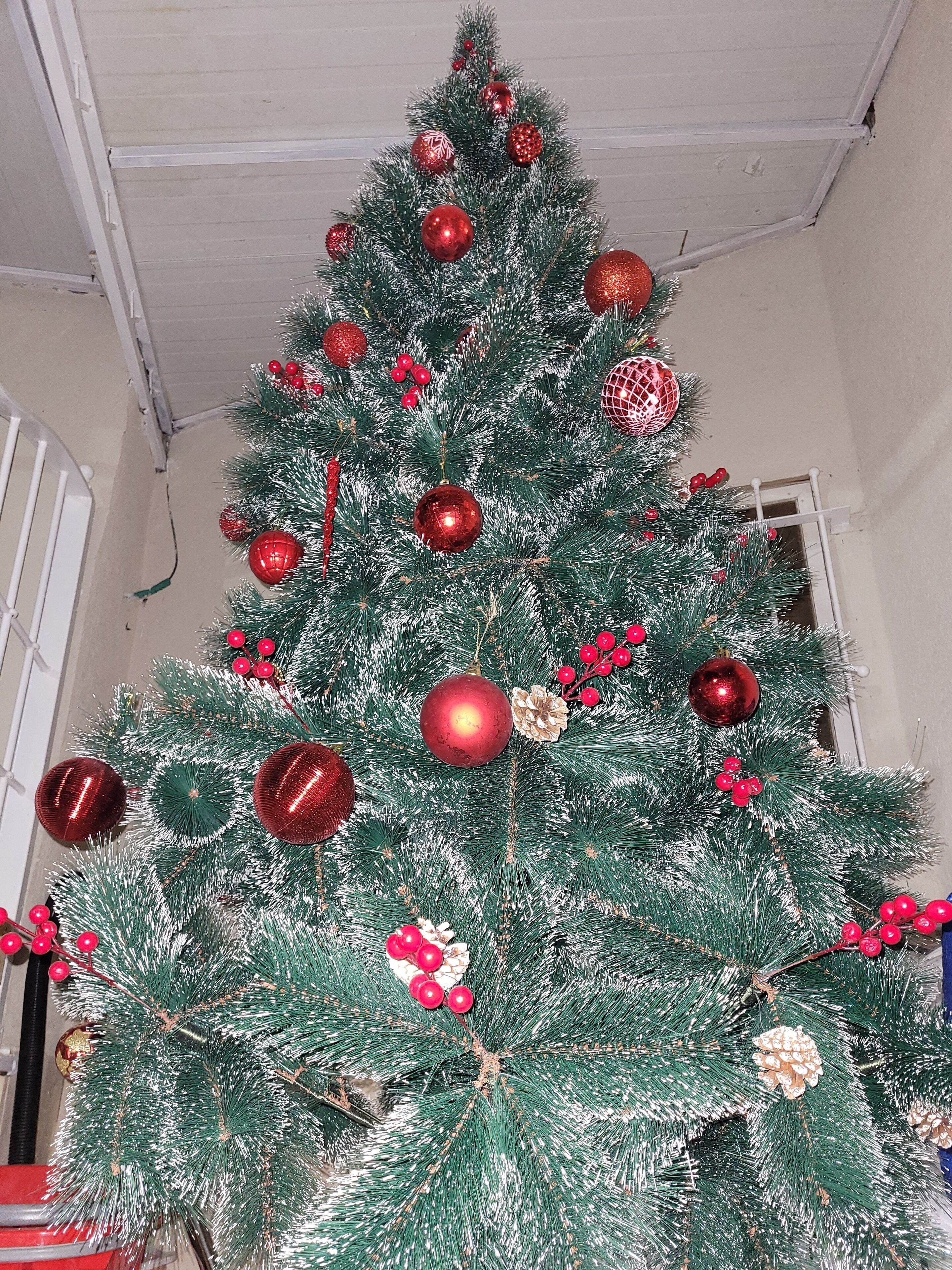 A Christmas tree with red and gold ornaments, pine cones, and red berries.