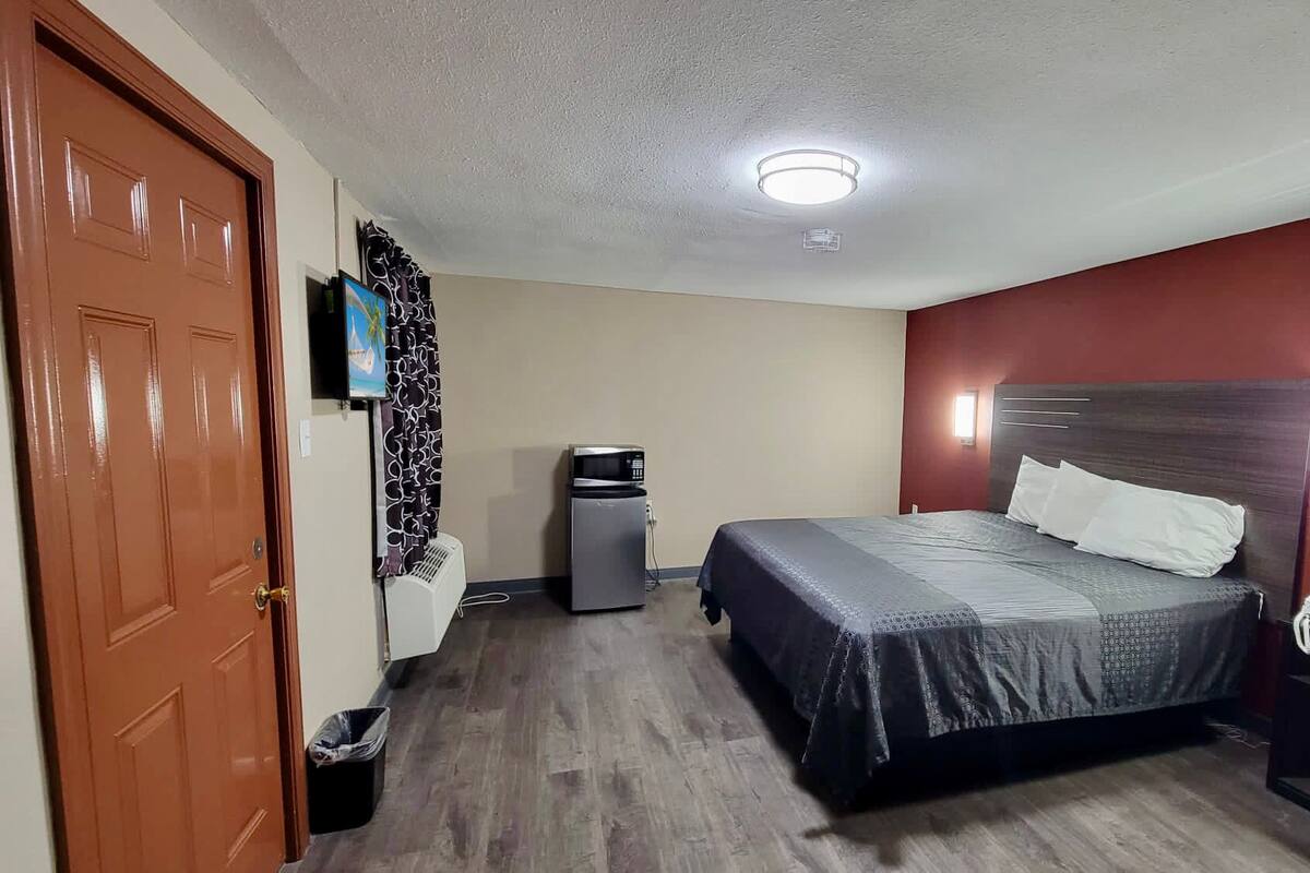 Habitación de hotel con cama, escritorio, calefactor, basurero y televisión.