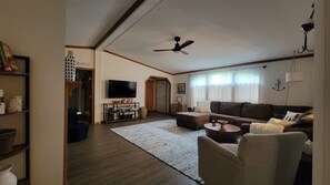 Smart TV, fireplace, books, printers