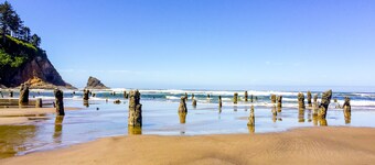Creekside condo with beach access, balcony, full kitchen, & ocean views