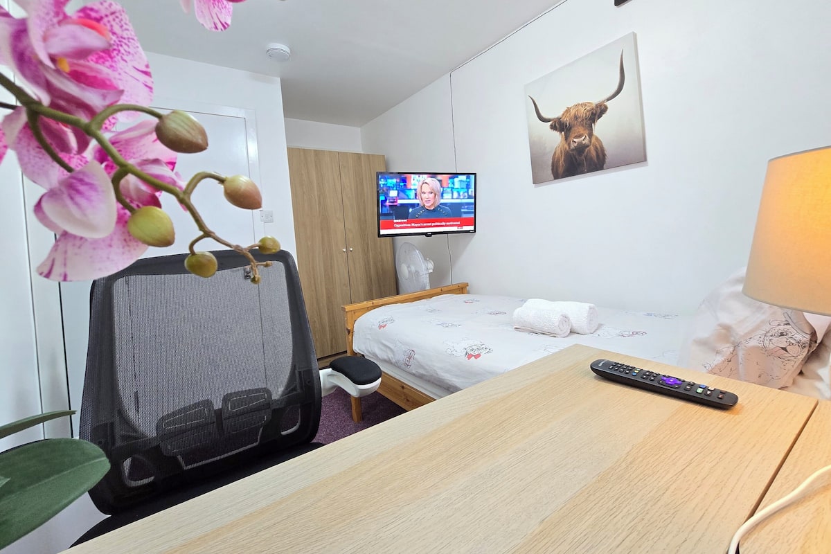 Ein Hotelzimmer mit einem Bett, einem Schreibtisch mit Fernbedienung, einem an der Wand montierten Fernseher, einem Sessel und einer dekorativen Orchideenpflanze.