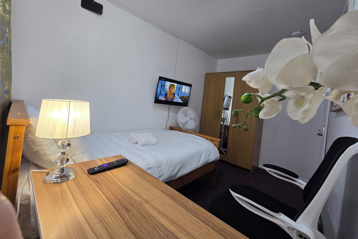Ein Hotelzimmer mit einem Bett, einem Holztisch, einer Lampe, einer Fernbedienung, einem Fernseher, einem Ventilator und einem Spiegel.