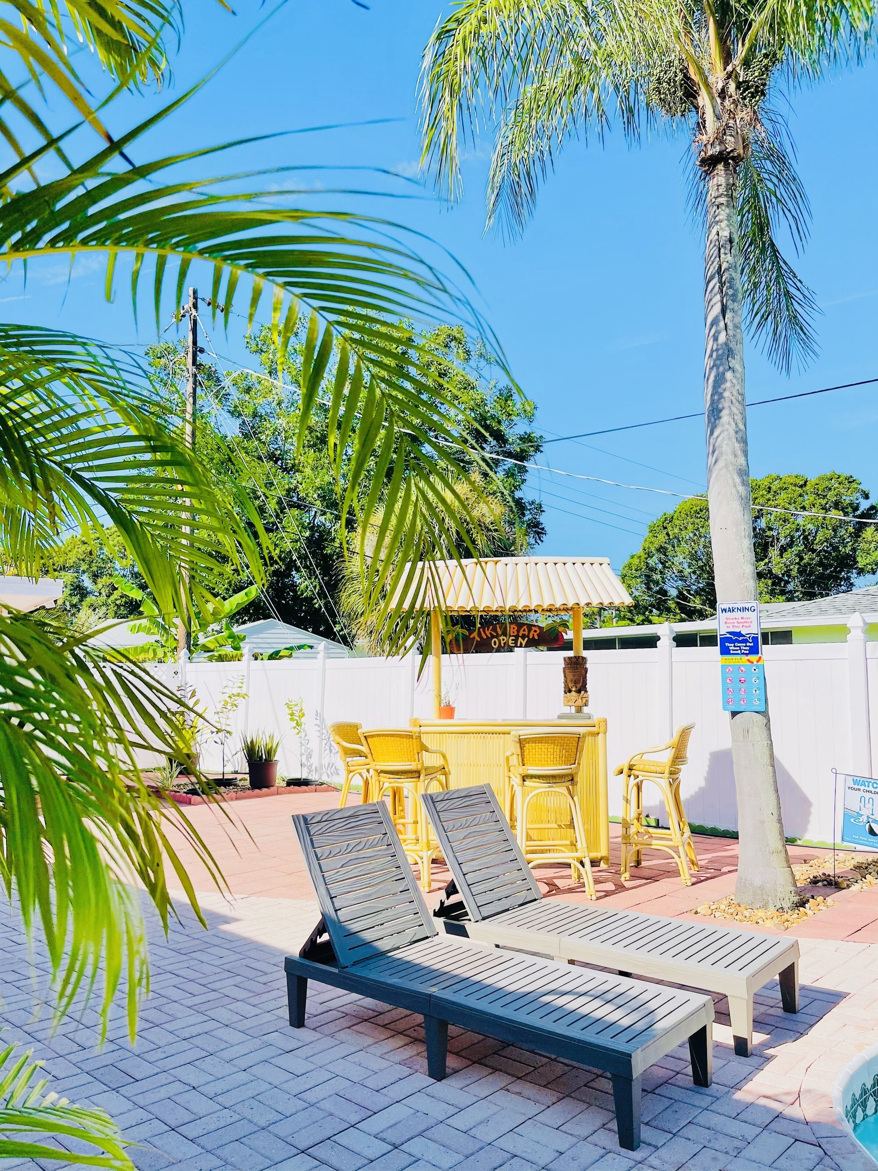 A poolside area with lounge chairs, a bar, and a palm tree.