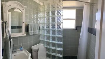 Ducha, secador de pelo, toallas y papel higiénico