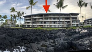 Ein mehrstöckiges Hotel mit kreisförmigem Design, gelegen an einer felsigen Küste mit Palmen im Hintergrund.