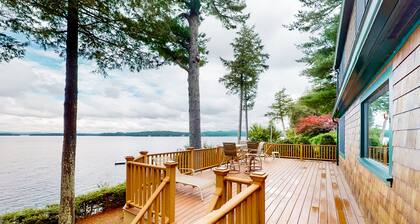 Lakeside cottage with Lake Winnipesaukee views & private boat dock, dog-friendly