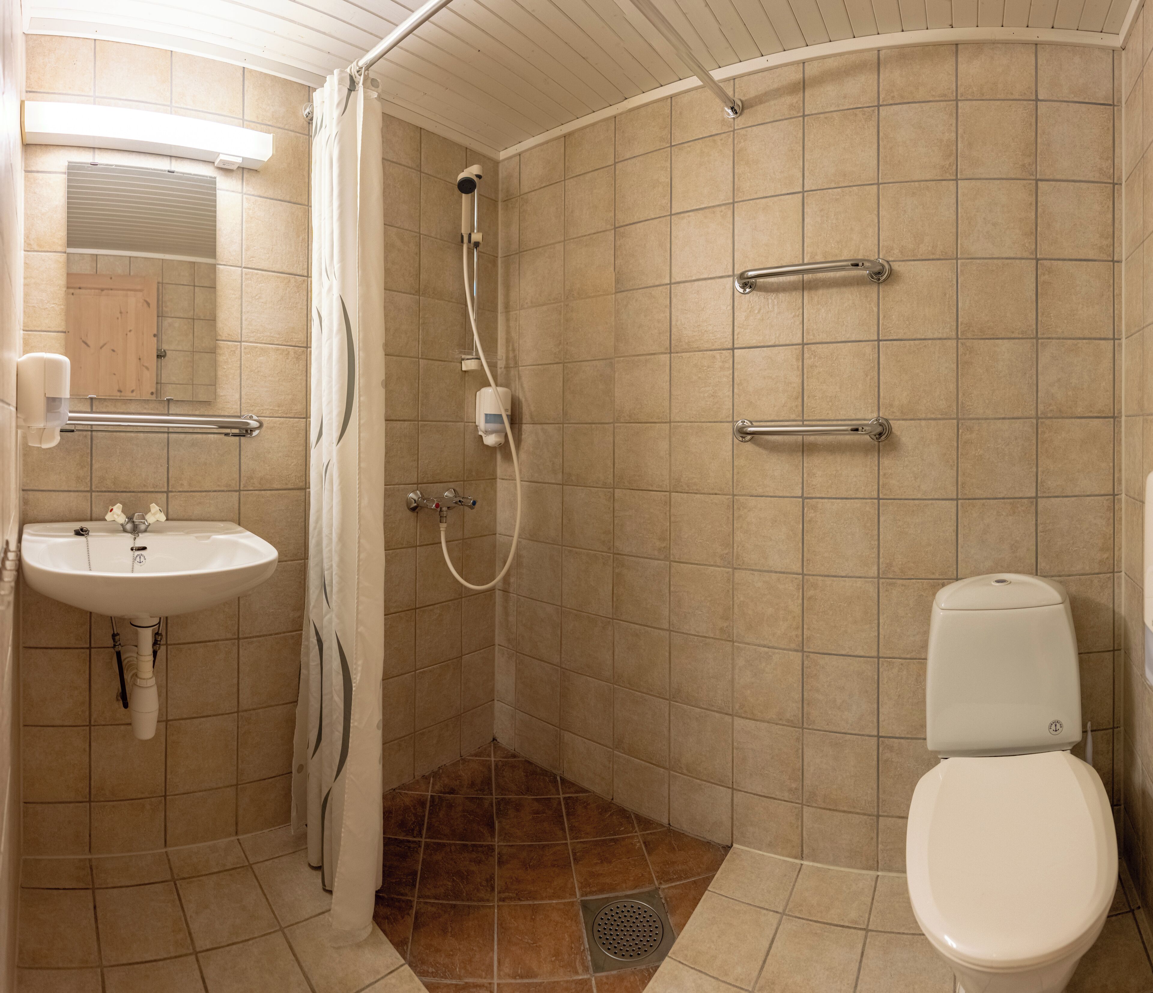 Une salle de bain avec douche, toilettes et lavabo.