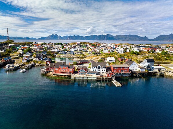 A coastal town with houses along the waterfront, docks, and a mountainous backdrop.