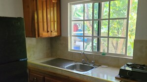 Uma cozinha com armários de madeira, uma pia de aço inoxidável e uma janela com vista para o verde lá fora.