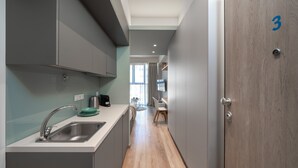 A modern kitchen with grey cabinets, a stainless steel sink, and a wooden door marked with the number 3. - Kolokotroni Lofts Syntagma (Athens)