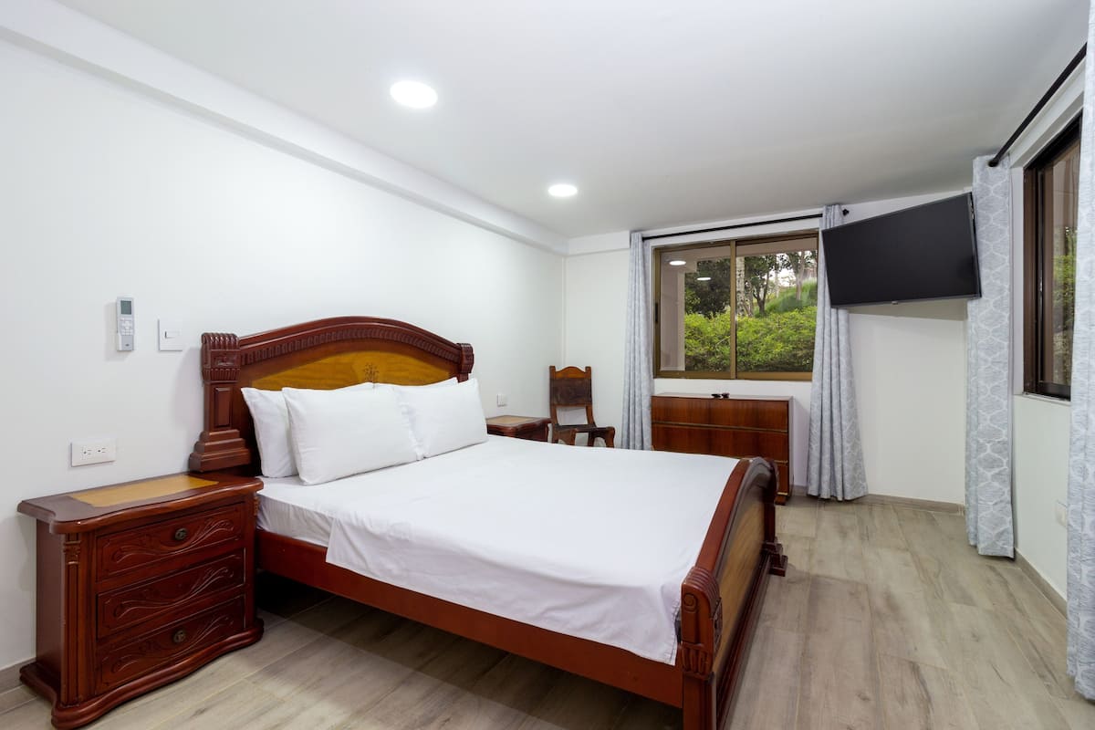 A bedroom with a wooden bed, a nightstand, a dresser, a flat-screen TV, and a window with curtains.