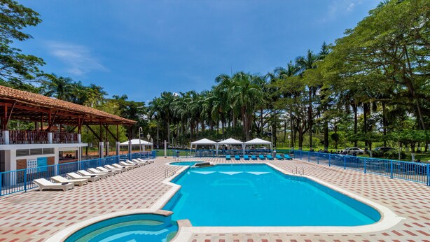 A swimming pool with lounge chairs and umbrellas, surrounded by palm trees and a blue fence.