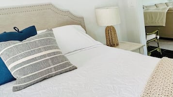 1 bedroom, desk, iron/ironing board, bed sheets