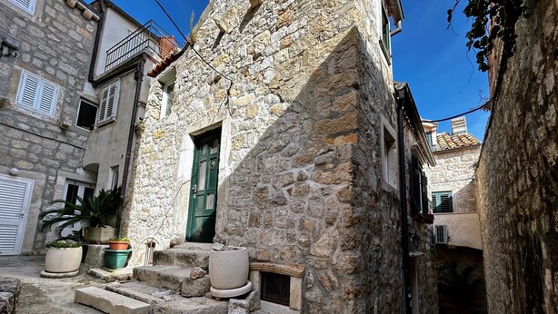 A stone building with a green door, potted plants, and a narrow street.
