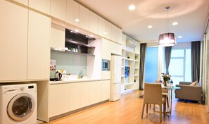 Fridge, microwave, dishwasher, electric kettle