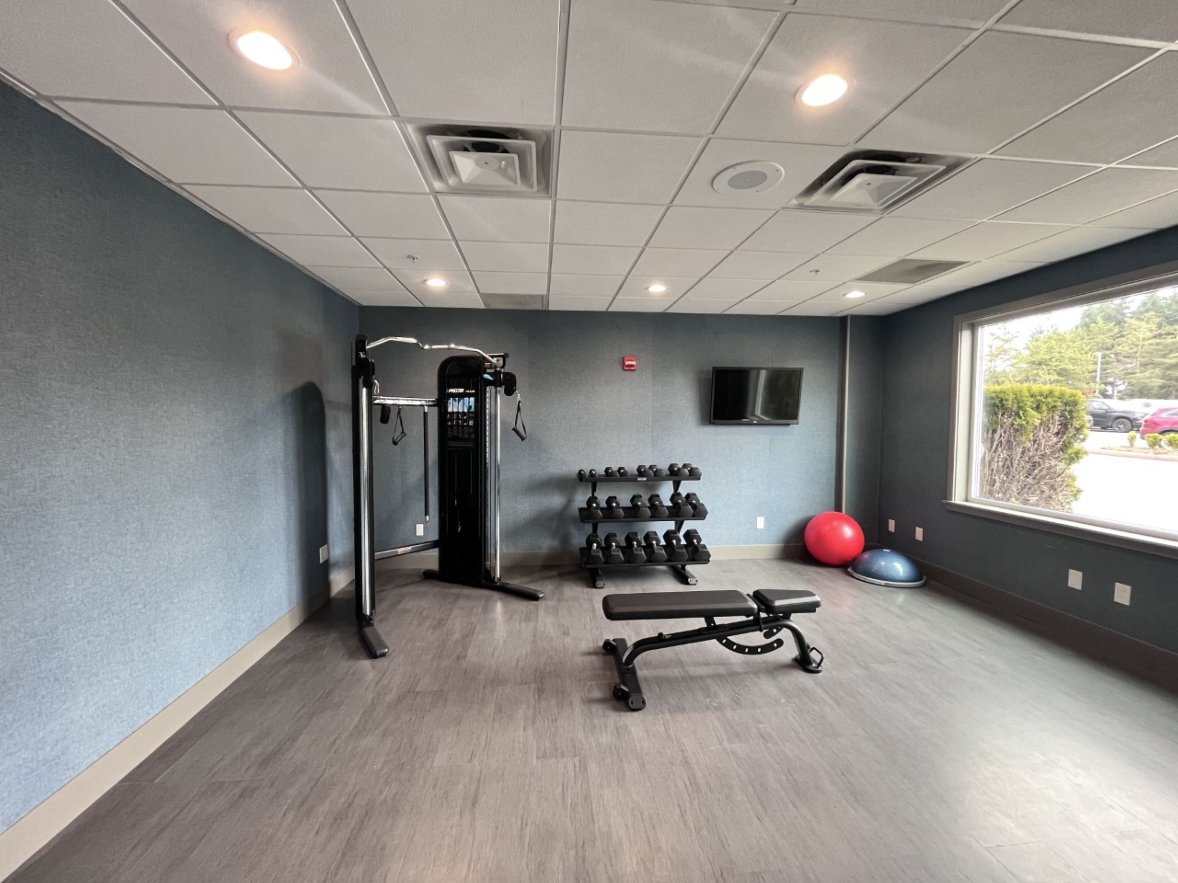 A gym with a pull-up bar, dumbbells, a bench, and exercise balls.