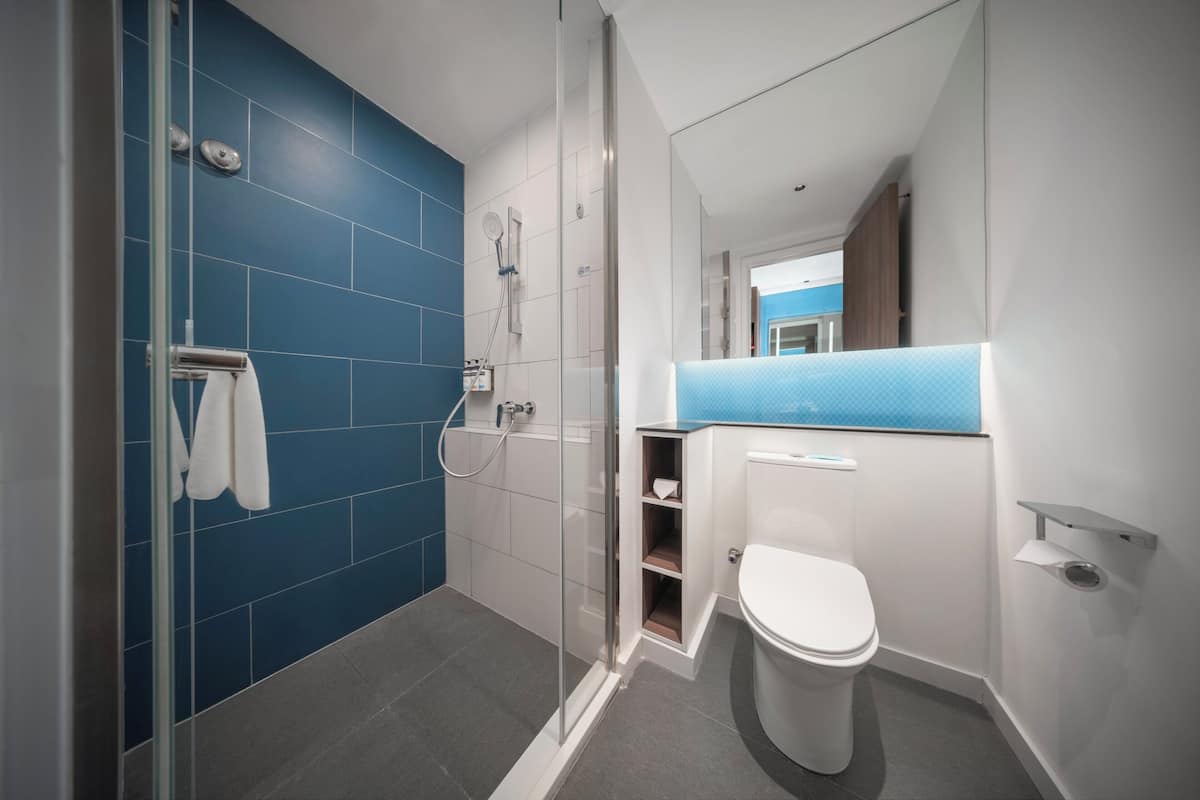 Ein modernes Badezimmer mit einer Duschkabine, einer weißen Toilette und einer blauen Fliesenwand.