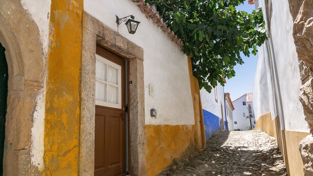 A narrow cobblestone street with a building featuring a yellow and white facade, a brown door, and a small window. - Ana's House - inside Óbidos Castle (Óbidos)
