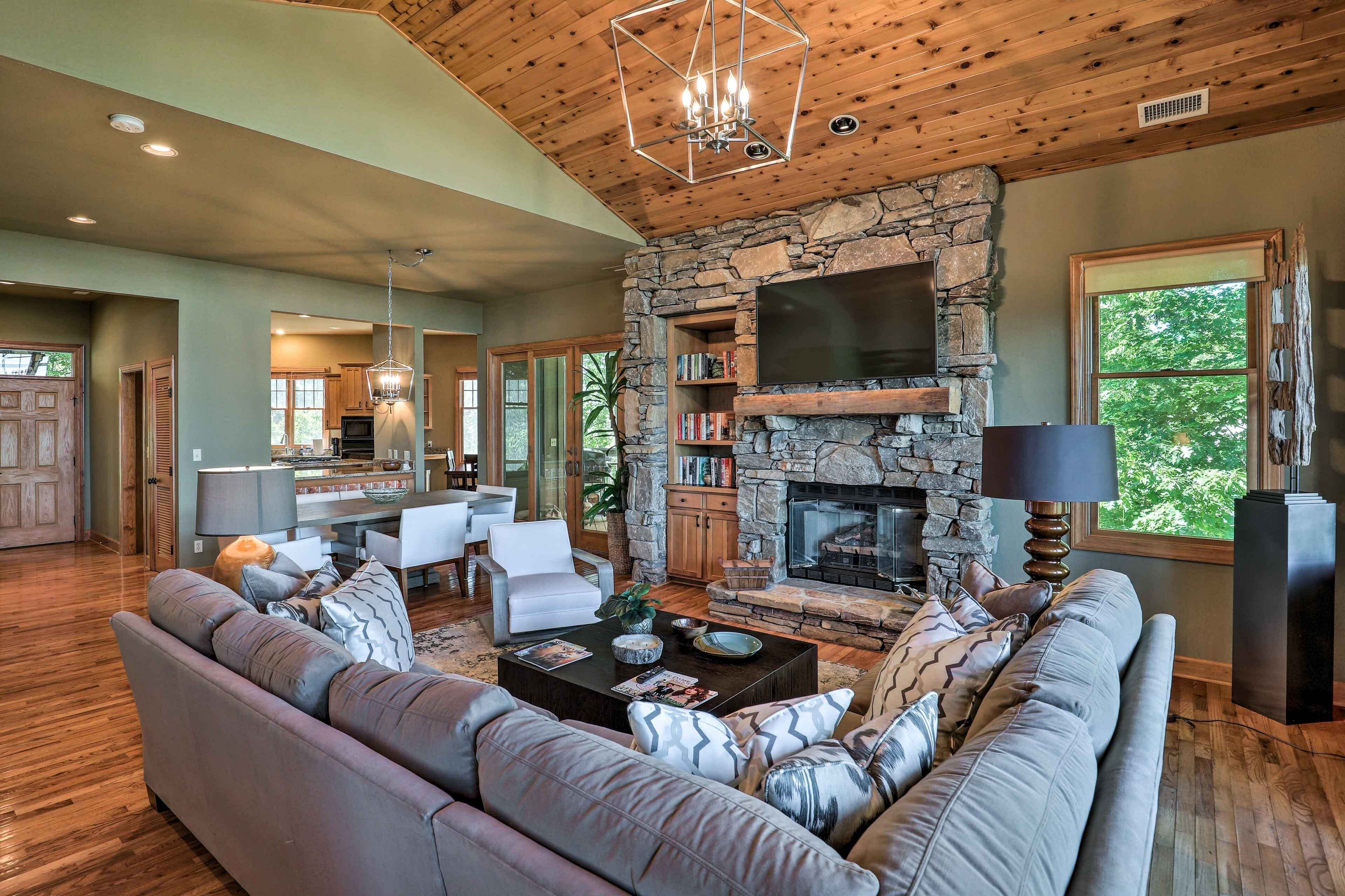 TV, fireplace, books