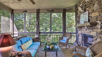 TV, fireplace, books