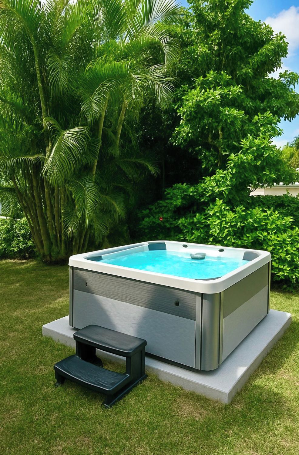 A hot tub in a garden with lush greenery and a clear sky.