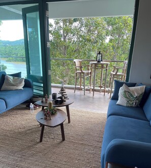 Smart TV, fireplace, books, stereo