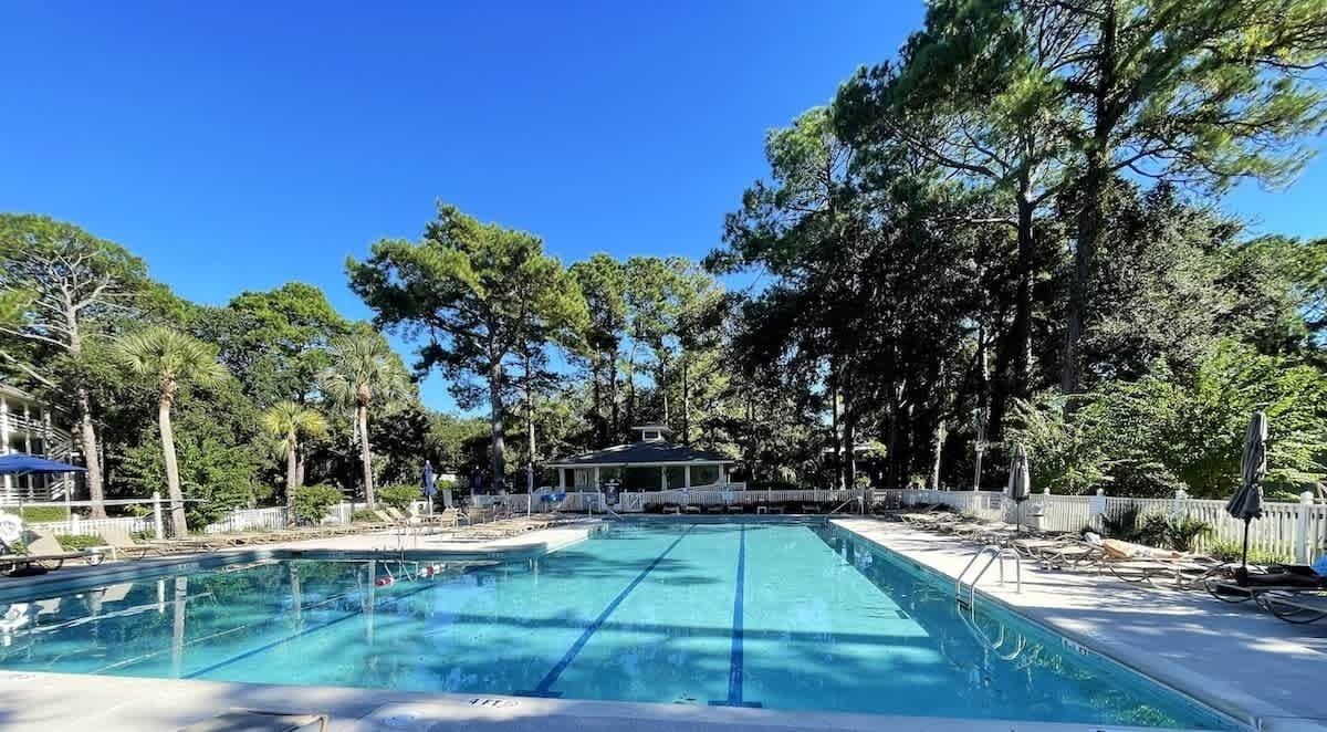 A swimming pool surrounded by trees, with a covered seating area and lounge chairs.