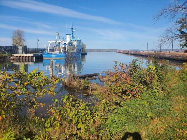 Un barco azul amarrado en un río tranquilo con vegetación al frente.
