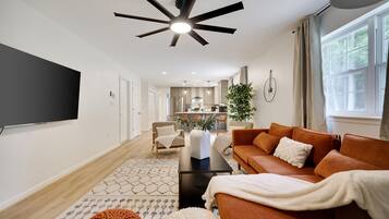 Smart TV, fireplace, table football