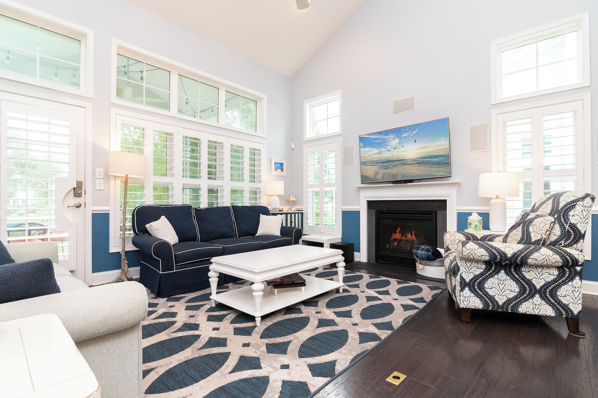 Smart TV, fireplace, video games, DVD player