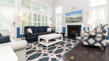 Smart TV, fireplace, video games, DVD player