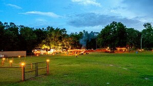 A grassy field with a fence and a building with lights.