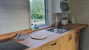 Een keuken met houten kastjes, een roestvrijstalen spoelbak, een raam met uitzicht op groen en een afwasschaal boven het aanrecht.