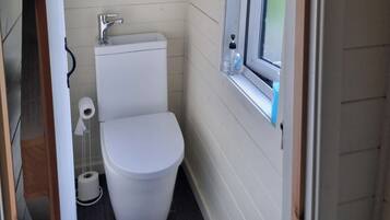 A small, compact bathroom with a white toilet, a sink, and a window.