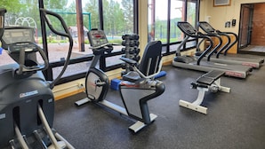 A gym with various exercise equipment, large windows, and a view of trees and a fence. - Whirlpool Suite w/ Pool, Hot Tub, Hiking, Golfing, & More on Lutsen Mountain (Tofte)