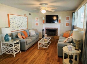 Smart-TV, Kamin, Videospiele, Bücher