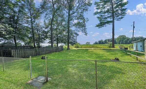 A fenced yard with a grassy area, a wooden fence, and a utility pole.