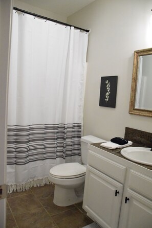 Combined shower/tub, hair dryer, towels, soap